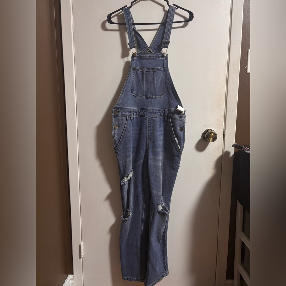 Blue Denim Ripped Overalls